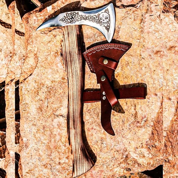 Handmade Viking Axe Carbon Steel Head with Wooden Handle Perfect Tactical Axe for Camping and Hunting Viking Hatchet Comes with Leather Sheath
