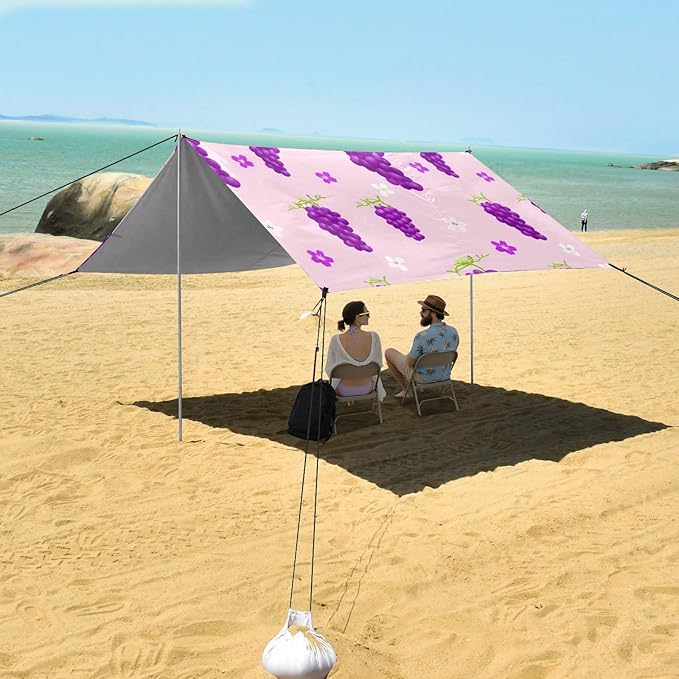 Beach Canopy with Windproof Ropes &amp Sandbags Beach Tent Sun Shade Sun Shelter for Camping Trips Fishing Backyard Fun or Picnics Grape