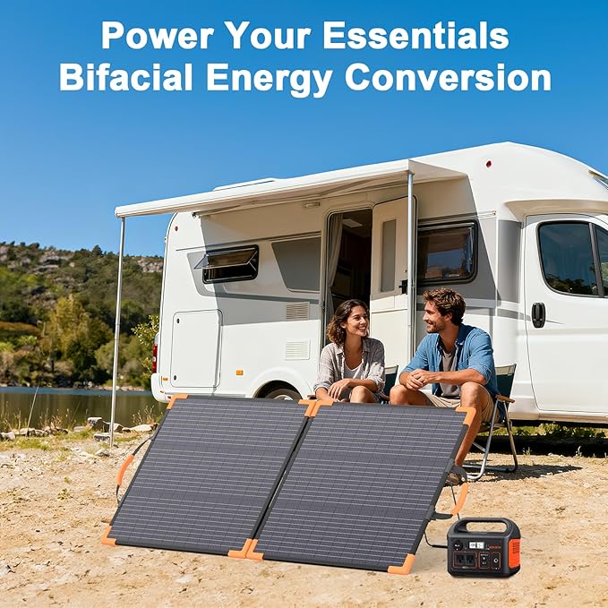 100 Watt Bifacial Portable Solar Panel for Power Station 20V Foldable Solar Charger with IP68 Waterproof 23.5% High Efficiency with 2 Reinforced Kickstands for Camping RV Off-Grid Blackouts