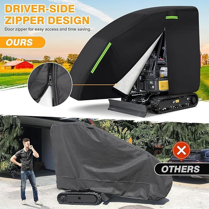 Fafeicy Mini Excavator Cover for 800-1600kg 210D Oxford Fabric Zippered Black Fits Mini Excavators Approx. 355.6 x 114.3 x 190.5cm