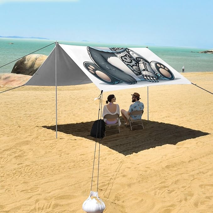 ALAZA Robot Panda Beach Tent Sun Shelter UPF50+ Protection Beach Shade Canopy w/ 4 Sandbags for Outdoor Camping Fishing Backyard Fun Picnic 10x9 ft
