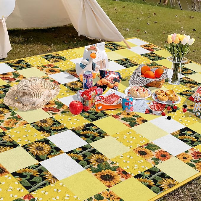 Checkered Picnic Blankets Waterproof Foldable 60″X80″Sunflower Picnic Mat Outdoor Blanket for Grass Cute Bee Thick Beach Blanket Sandproof Picnic Accessories for Camping Party Park Patio