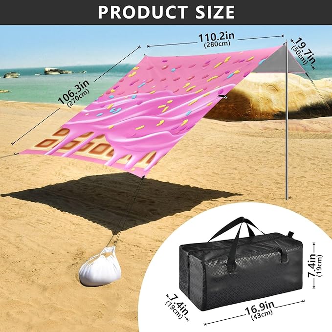 ALAZA Pink Ice Cream Sprinkles Waffle Beach Tent Sun Shelter Portable Canopy Sunshade for Outdoor Camping Picnics Backyard Fun 10x9 ft
