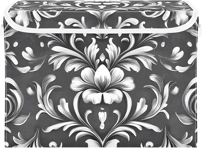 Damask Ornament Lidded Storage Bins with Handles - 16.5x12.6x11.8 Foldable Organizing Box Oxford Fabric &amp Honeycomb Board Dust-Proof Flip Lid for Closet/Office