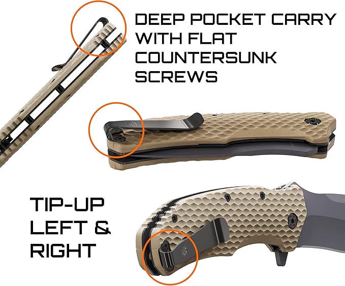 Off-Grid Knives - Rapid Fire Coyote Large Assisted EDC Hard Use Construction Camping and Survival Cryogenic D2 Blade Steel Titanium Nitride Coating with G10 Scales Deep Pocket Carry