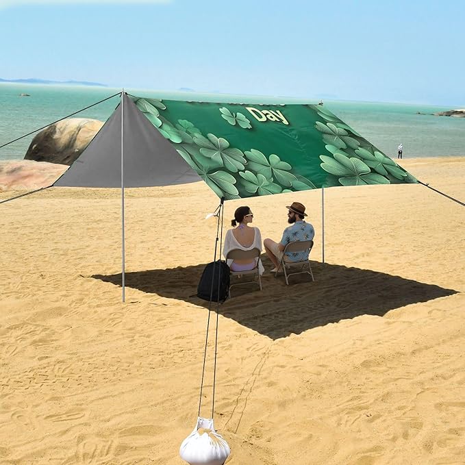 St. Patrick's Day Beach Canopy Sun Shelter with Sandbags &amp Sand Shovel &amp Windproof Ropes - Portable 110x126 Beach Shade Beach Tent for Camping Picnics