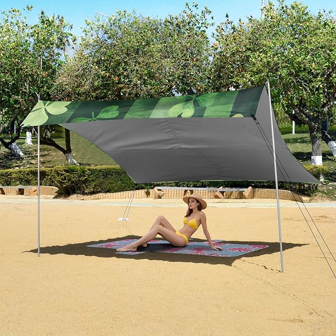 ALAZA St. Patricks Day Plaid Clover Leaves Beach Tent Sun Shelter Portable Canopy Sunshade for Outdoor Camping Picnics Backyard Fun 10x9 ft