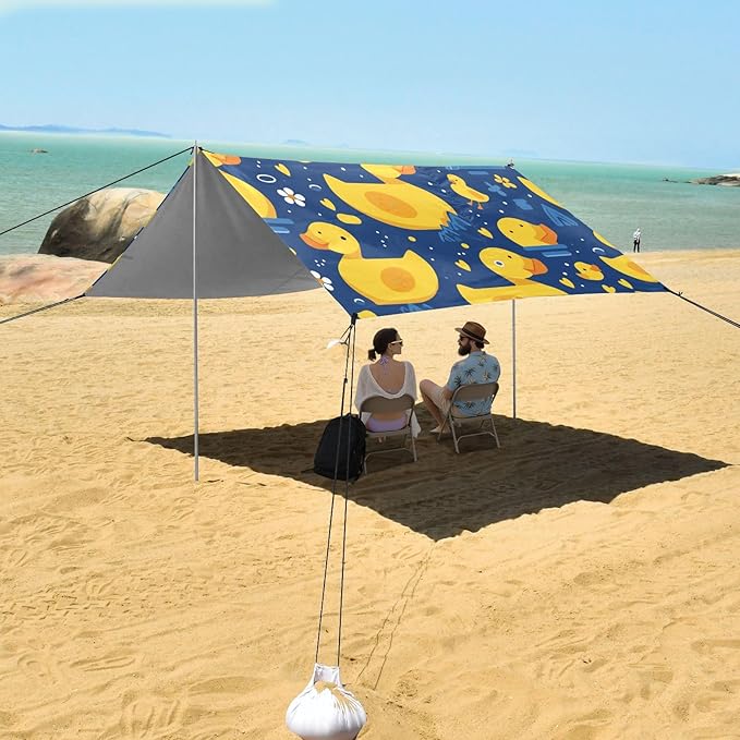 Yellow Duck Cartoon Foldable Beach Cabana UPF50+ Lightweight Portable Sun Shelter with Sandbags &amp Sand Shovel for Backyard and Camping