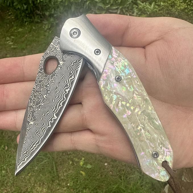 Damascus VG10 Steel Folding Pocket Knife 3.15 Blade MOP Handle EDC Knife with Mechanical Lock Pocket Clip for Men Women Camping Survival Hiking