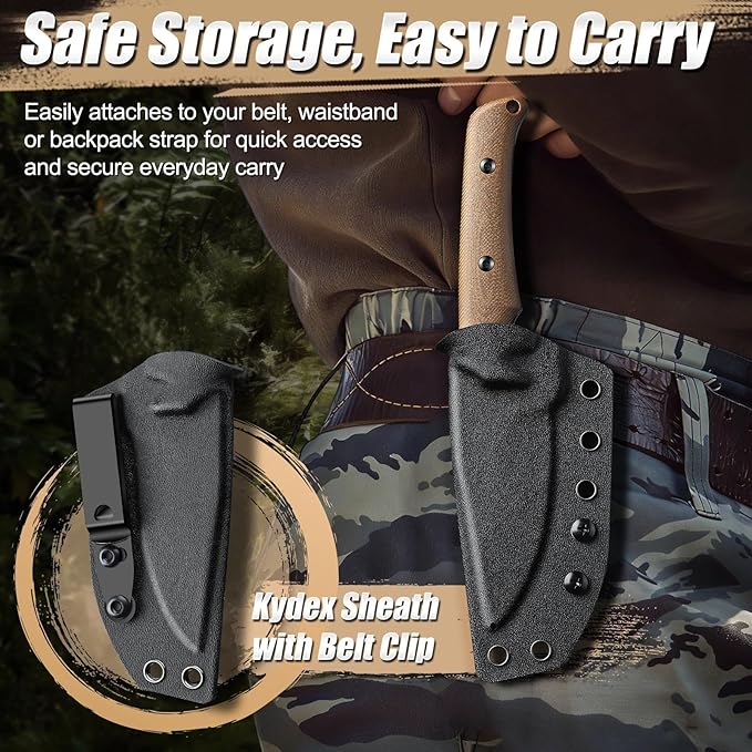 Purple Dragon Fixed Blade Knife - Full Tang Hunting Knife Forged from a Single Piece of D2 Steel - Camping Knives with G10 Handle and Kydex Sheath - Outdoor Gift for Men - Brown