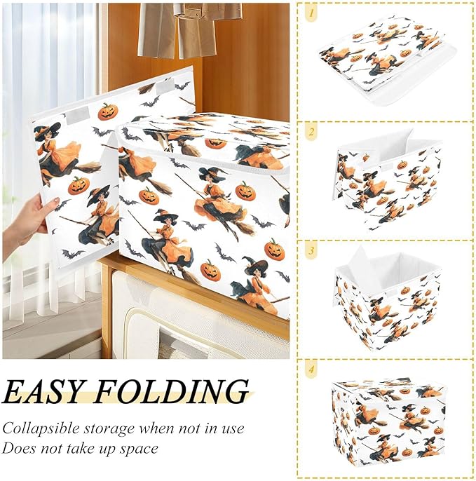 Halloween Baskets Collapsible Storage Bins with Lids Witch Pumpkin Bat Pattern Storage Boxes Clothes Baskets for Organizing