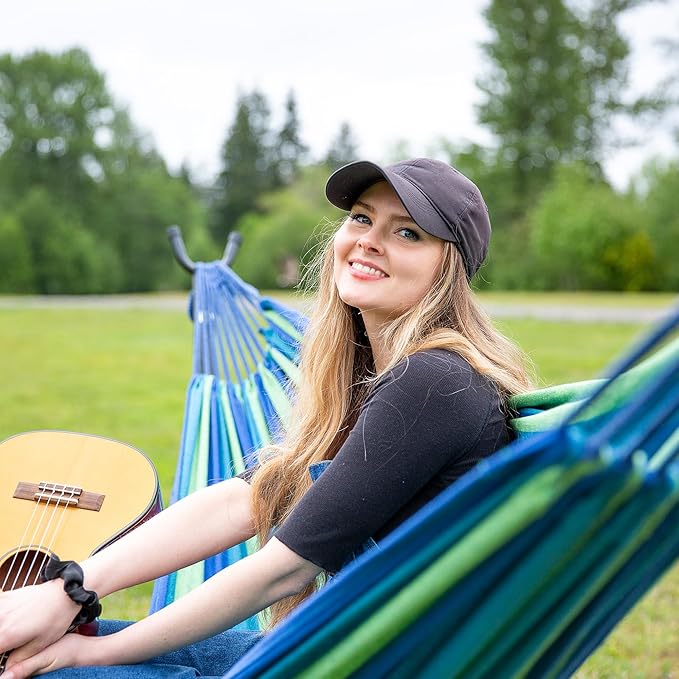 SUNCREAT Portable Outdoor Hammock with Stand Included Double Hammock with Stand for Outside Blue &amp Green Stripes