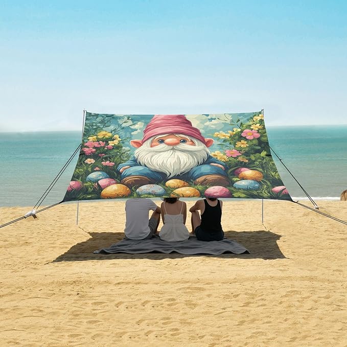 Easter Eggs Gnome Beach Tent Sun Shelter Set UPF50+ UV Protection 10.5 x 9.19 FT Camping Shade Canopy with Sandbags Sand Anchors Carrying Bag and Others