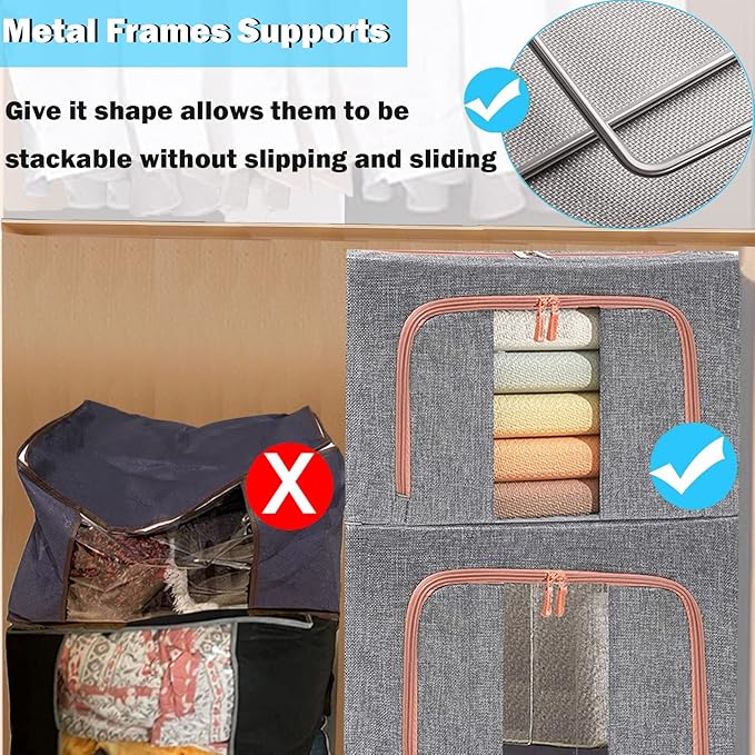 Large Capacity Clothes Storage BagsStackable Storage Organizer with Foldable Metal Frame 2-Way Zipper Handles Clear Window for Clothes Bedding Seasonal Storage (3Pack 66L)