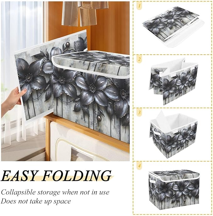 Storage Cube with Lid Elegant Black Flowers Print 16.5×12.6×11.8 IN 1 Pack Collapsible Large Capacity Foldable Storage Basket Bin Organizer