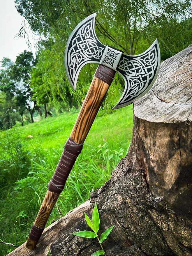 DARK WARRIOR Handmade Double Head Berserker Axe Large Norse Viking Axe Hand Forged High Carbon Steel Axe with Leather Sheath Forest Hewing Broad Hunting Dane Axe with Wood Handle