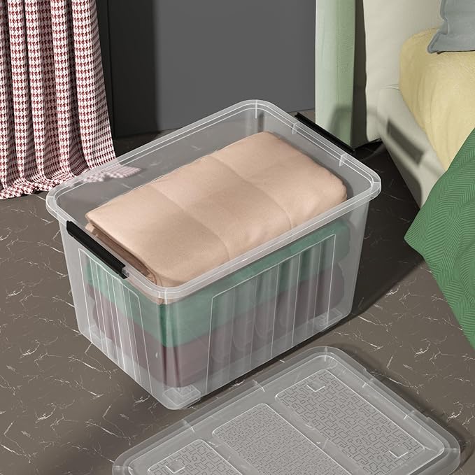 4 Packs Large 70 L Plastic Stackable Storage Bins with Wheels and Latching Lid Clear Storage Container Tote
