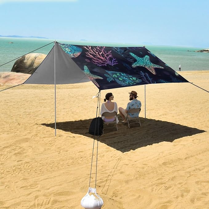ALAZA Fluorescent Starfish Coral Beach Tent Sun Shelter UPF50+ Protection Beach Shade Canopy w/ 4 Sandbags for Outdoor Camping Fishing Backyard Fun Picnic 10x9 ft