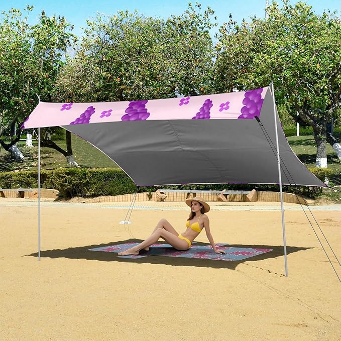xigua Grape Beach Tent Sun Shelter with Carrying Bag - Silver Coated Oxford Fabric Beach Canopy for Beach Camping Fishing - Includes Windproof Ropes Sandbags &amp Stakes