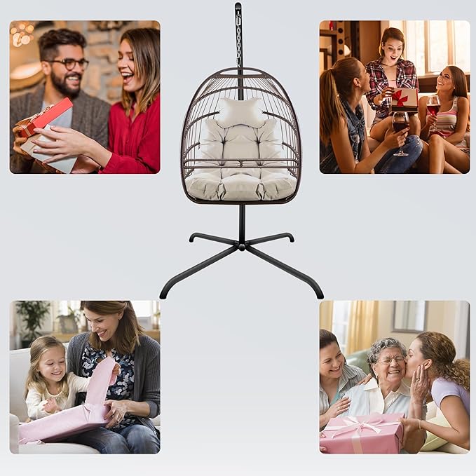 Swing Egg Chair with Stand Indoor Outdoor Wicker Rattan Patio Basket Hanging Chair with C Type Bracket Cushion Pillow and Special Construction Cup Holder