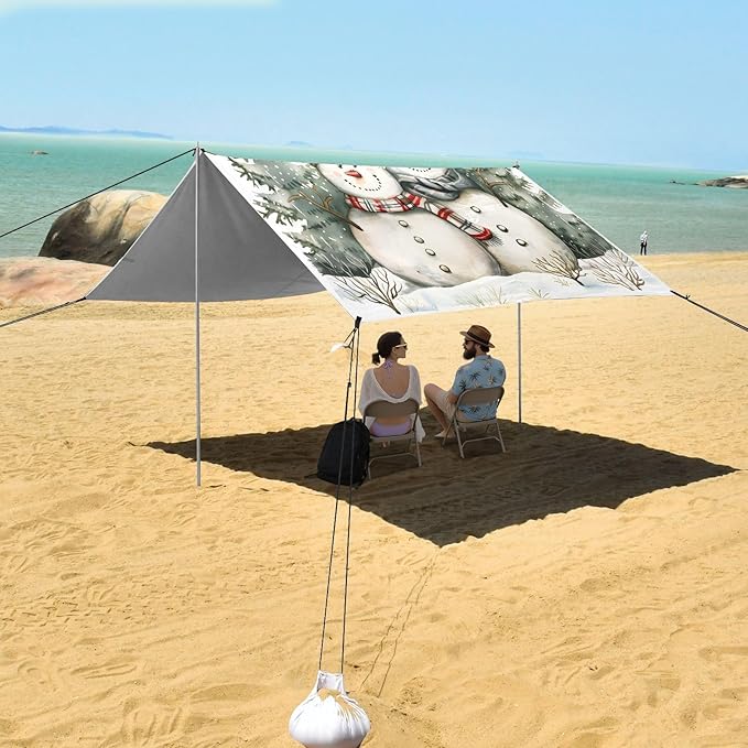 ALAZA Christmas Snowmen Beach Tent Sun Shelter UPF50+ Protection Beach Shade Canopy w/ 4 Sandbags for Outdoor Camping Fishing Backyard Fun Picnic 10x9 ft
