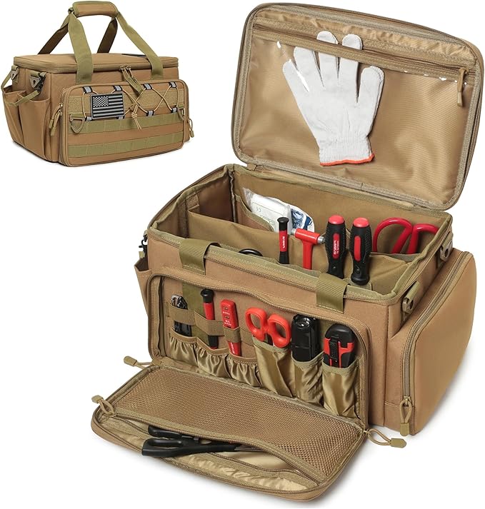 15-Inch Tool Bag Multi-purpose Tool Organizer Bag For Men with Shoulder Strap Tactical Range Bag Work Tote for Repairman Carpenters Handymen (Khaki)
