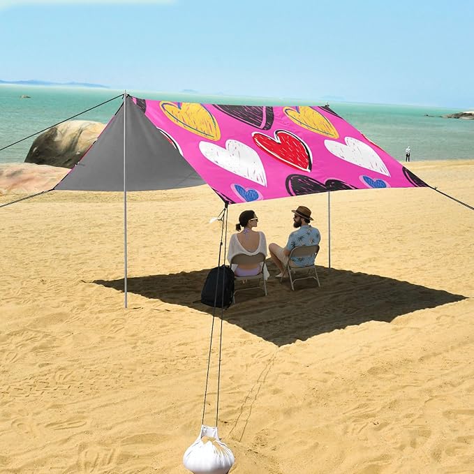 Beach Canopy with Windproof Ropes &amp Sandbags Beach Tent Sun Shade Sun Shelter for Camping Trips Fishing Backyard Fun or Picnics Heart
