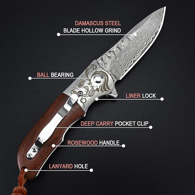 AUBEY Damascus Pocket Knife with Clip Folding Knives with VG10 Damascus Steel Blade Wooden Handle Foldable EDC Knifes for Outdoor Survival Collection Gift