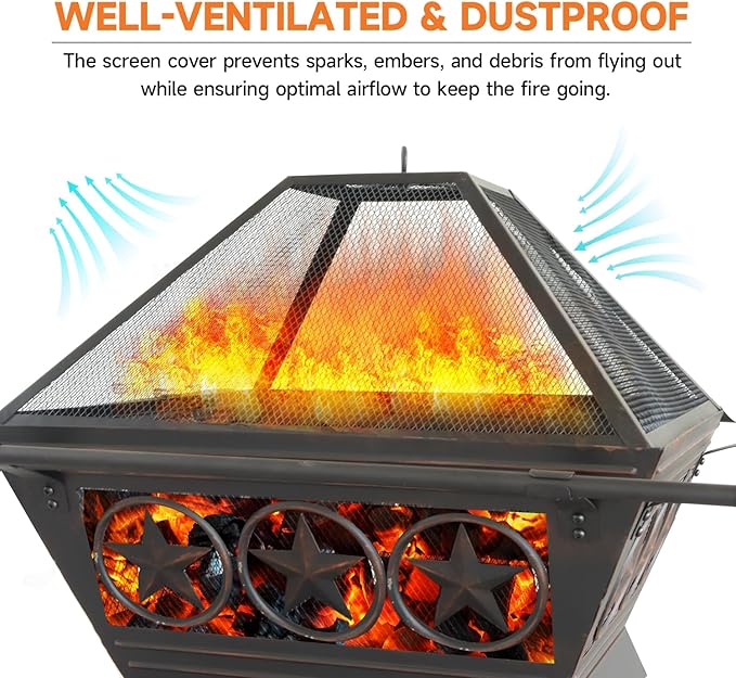 33-Inch Square Fire Pit Large Metal Fireplace/Firepit with Mesh Lid Poker Waterproof Cover