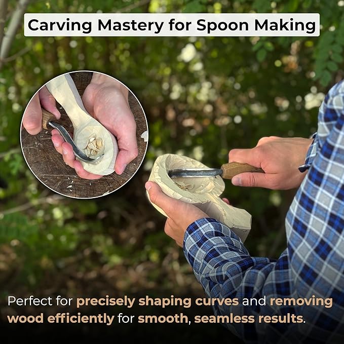 Sharky Spoon Carving Hook Knife with Long Curved Blade 2.7 in (7 cm) – Ergonomic Ash Wood Handle and Protective Leather Sheath for Precise Woodworking and Bowl Carving
