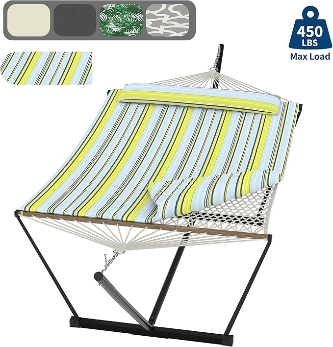 Hammock with Stand 2 Person Heavy Duty Hammock with Soft Pillow &amp Balance Ropes Stand Alone Hammock with Curved Spreader Bar Portable Outdoor Hammock for PatioBeach BackyardBlue Green Stripe