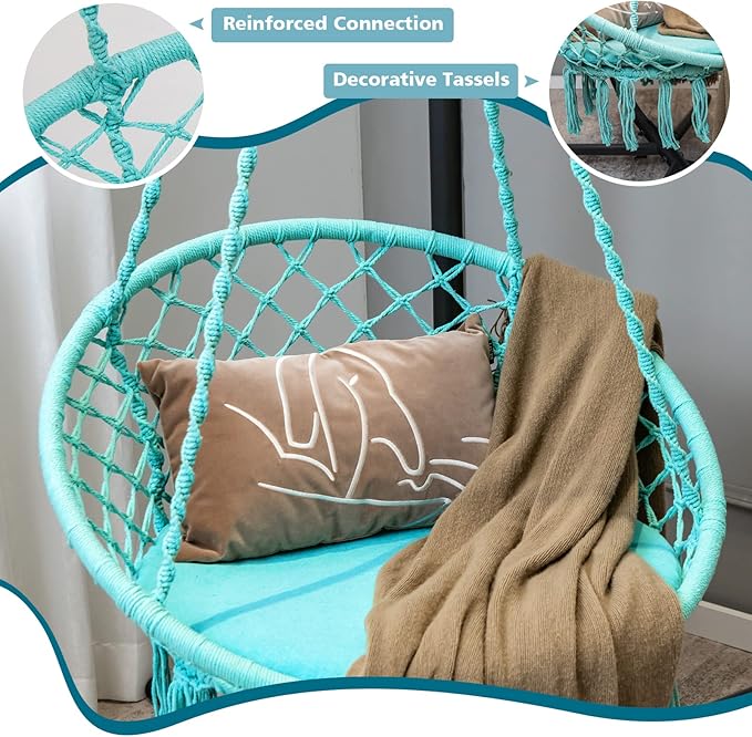Giantex Hammock Chair Macrame Swing - Hanging with Cushion and Hardware Kit 330 LBS Weight Capacity Indoor for Stand Patio Balcony Living Room (Turquoise) (GT10698-NPTU)