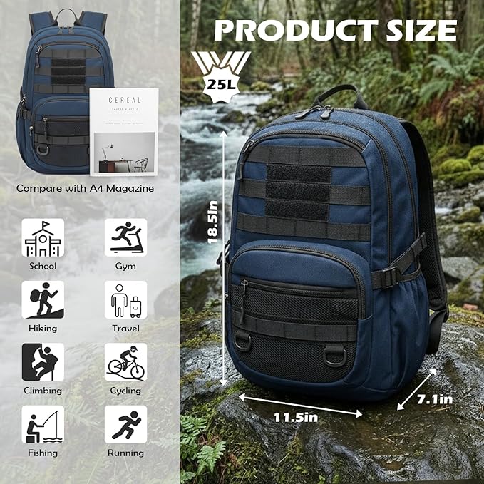 25L Military Tactical Backpack - Molle Army 3 Days Assault Pack Out Bag Hiking Rucksack Blue