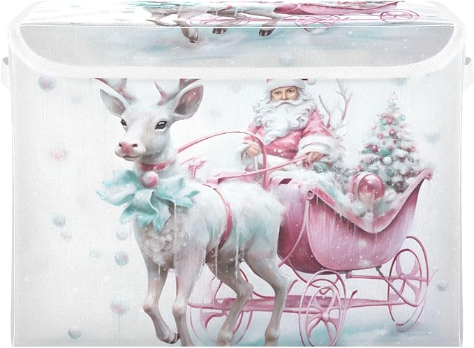 Christmas Baskets Collapsible Storage Bins with Lids Christmas Santa Claus Pink Reindeer Storage Boxes Clothes Baskets for Organizing