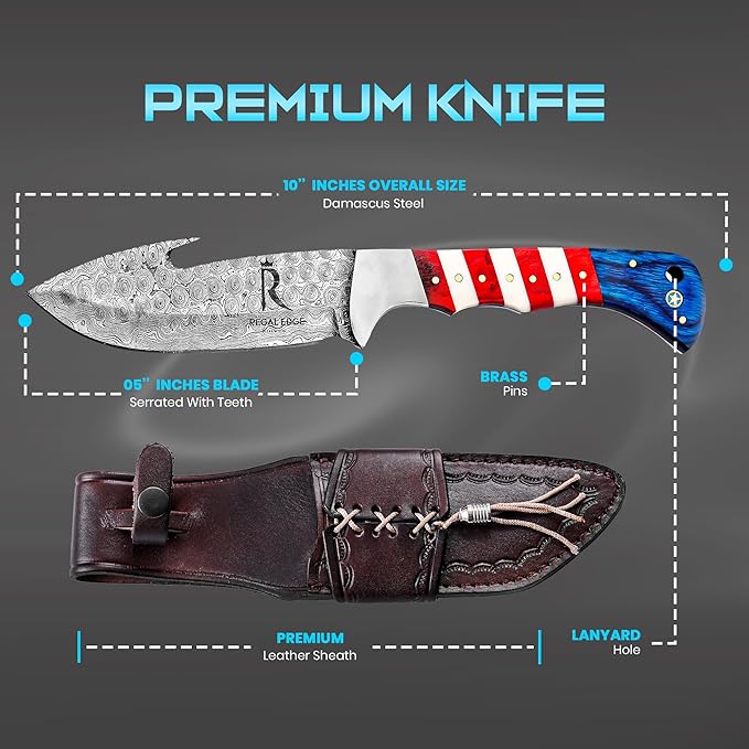 10 Damascus Hunting Knife with Gut Hook Fixed Blade Knife with Sheath American Flag Handle Full Tang Fixed Blade Knife Tactical Survival Knife for Men Damascus Steel Knives Camping Outdoor Field