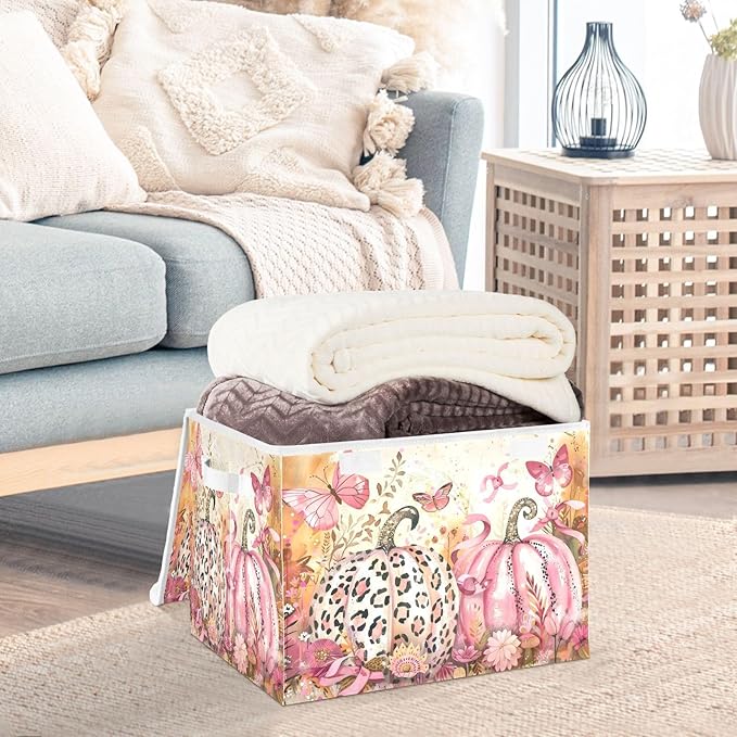 senya Thanksgiving Day Baskets Collapsible Storage Bins with Lids Fall Pink Pumpkin Butterfly Storage Boxes Clothes Baskets for Organizing