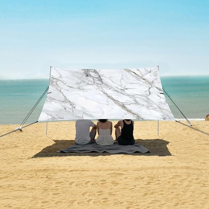 ALAZA White Marble with Hints of Black Pattern Beach Tent Sun Shelter Portable Canopy Sunshade for Outdoor Camping Picnics Backyard Fun 10x9 ft