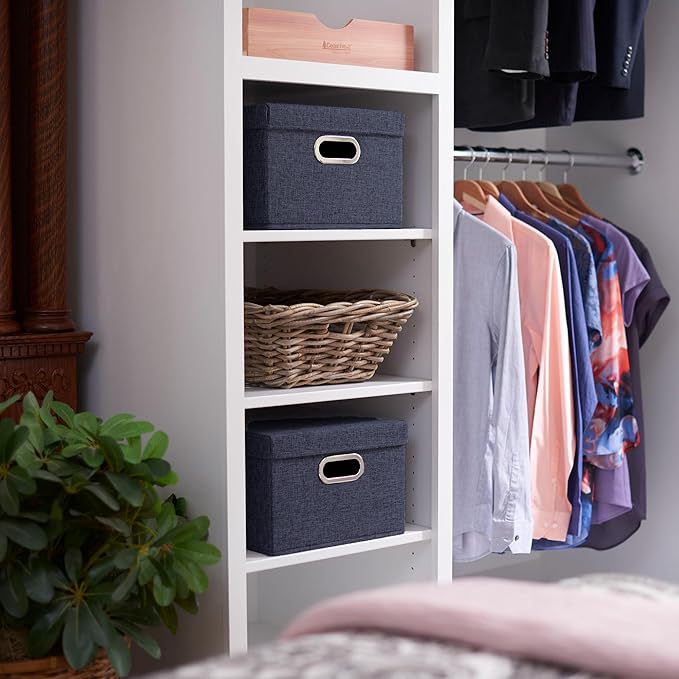 Household Essentials Collapsible Cotton Blend Storage Box with Lid and Metal Grommet Handle Set of 2 Denim