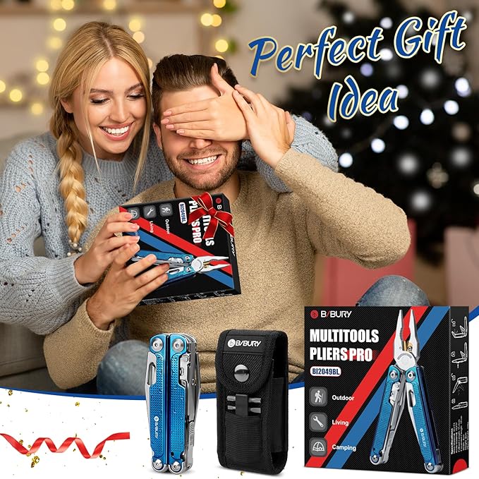 BIBURY Multitool Pliers BI2049BL with Blue Titanium Handle EDC Multi Tool with Replaceable Wire Cutter Full-Size Scissors and Screwdirver Set Heavy Duty Hand Tool for DIY Repair Camping Survival