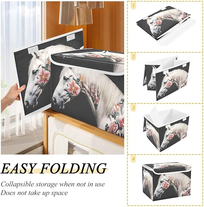 AIXIWAWA Lidded Storage Cube (Horse with Painting) Fabric Foldable Closet Bins with Flip Lid and Handles Organizer Basket Container 16.5 x 12.6 x 11.8 IN