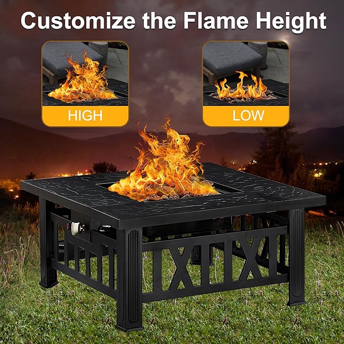 VECELO Propane Fire Pit 30 Inch Outdoor Gas Fire Table 50000 BTU Square Firepit with Lid and Lava Rock Adjustable Flame Steel Fire Table for Outdoor Patio Backyard Party Black