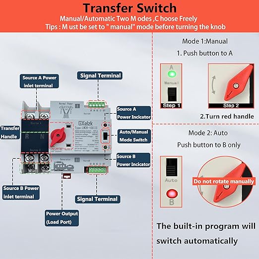 100amp Automatic Generator Transfer Switch 2P 3-Wire 120/240V Automatic/Manual Generator Transfer Switch Ensures Stable Power Transmission Easy to Use