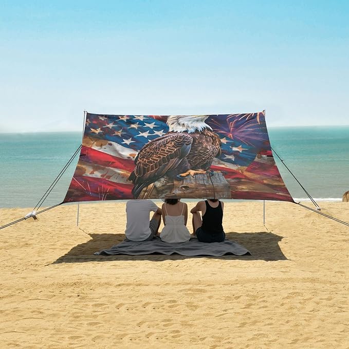 ALAZA Eagle USA American Flag Beach Tent Sun Shelter UPF50+ Protection Beach Shade Canopy w/ 4 Sandbags for Outdoor Camping Fishing Backyard Fun Picnic 10x9 ft