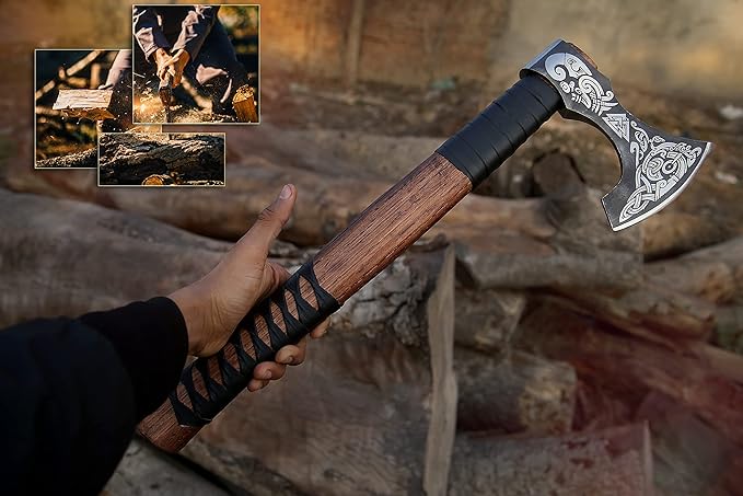 Viking Axe – 19 Inch Rosewood Handle Camping with Leather Sheath Throwing Axes and Tomahawks Wood Splitting Axe Bushcraft - Gift for Father’s Day Husband (Erik) BLACK