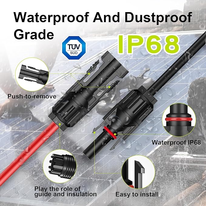 Solar Cable Extension 20Ft 10AWG Solar Wire with Tool-Free Solar Connectors Waterproof Solar Panel Extension Cable 6mm² PV Cable 10Gauge for Home Boat RV Solar Panels(20ft)