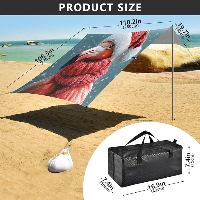 ALAZA Christmas Flamingo Beach Tent Sun Shelter UPF50+ Protection Beach Shade Canopy w/ 4 Sandbags for Outdoor Camping Fishing Backyard Fun Picnic 10x9 ft