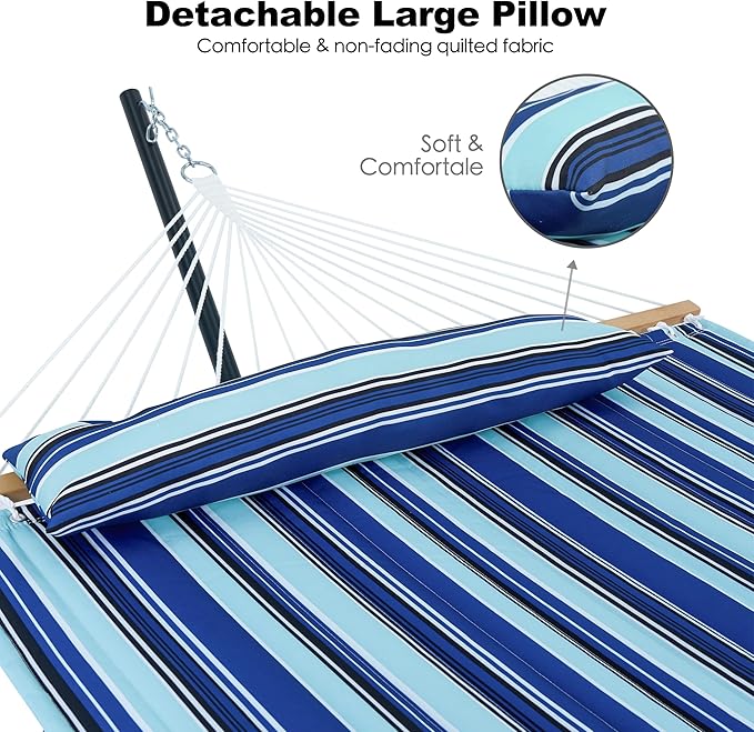 GAFETE 2 Person Hammock with Stand for Outside Heavy Duty Steel Stand Double 55inch Hammocks Large Removable Pillow Storage Bags Max 475 lbs Capacity (Pacific Stripe Blue)