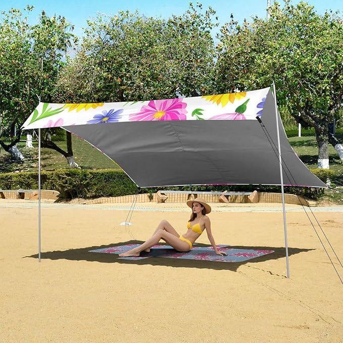 Beach Canopy with Windproof Ropes &amp Sandbags Beach Tent Sun Shade Sun Shelter for Camping Trips Fishing Backyard Fun or Picnics Sunflowers