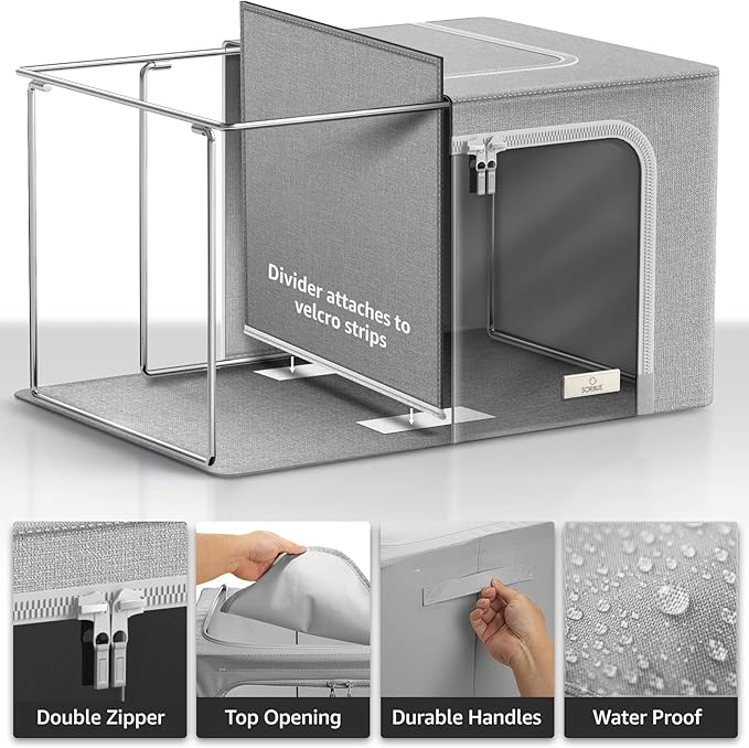 Sorbus Storage Bins with Divided Interior - Large Stackable &amp Foldable Organizer Containers with Metal Frame Oxford Fabric Large Window &amp Carry Handles - Organization for Bedroom Linens &am