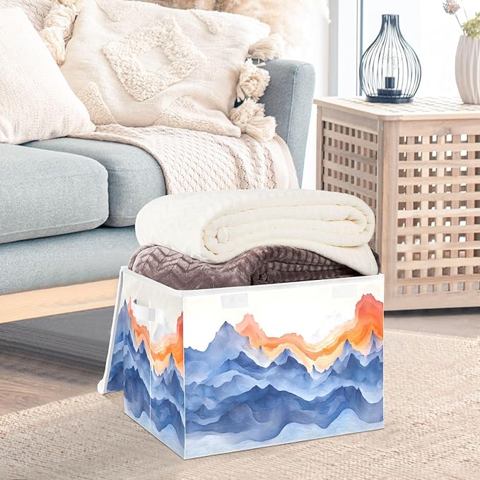 AIXIWAWA Lidded Storage Cube (Watercolor Mountain) Fabric Foldable Closet Bins with Flip Lid and Handles Organizer Basket Container 16.5 x 12.6 x 11.8 IN